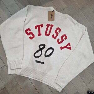 Stussy 80 Crew Knit Sweater Mens Medium Cream Off White Red Graphic Logo NWT
